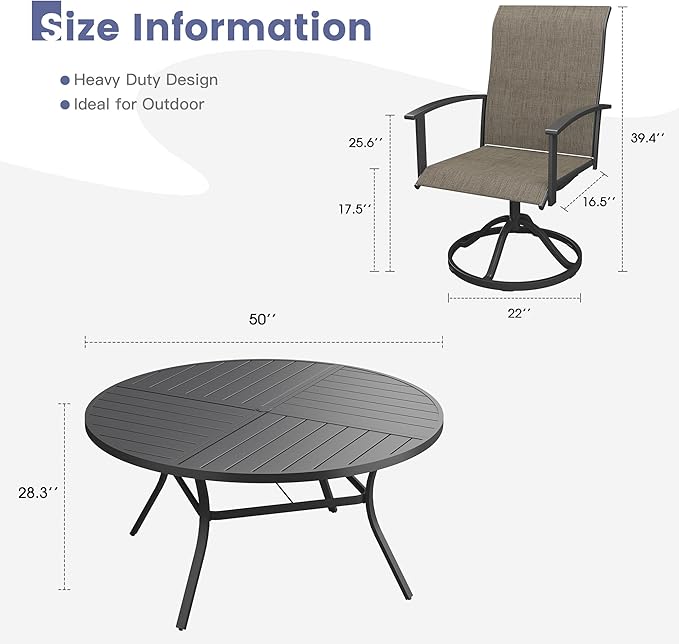 VICLLAX Outdoor Table and Chairs Set for 6, Patio Dining Set of 50" Metal Round Patio Table with Umbrella Hole & 6 Swivel Outdoor Dining Chairs for Backyard Lawn, Mixed Brown & Black