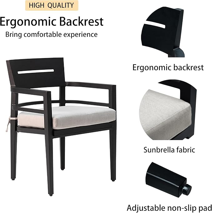 5-Piece Patio All Aluminum Furniture Set, All-Weather Resistant Outdoor Patio Set, 40" Square Dining Table with Umbrella Hole and 4 Dining Chairs Fabric Upholstered, Ember Black