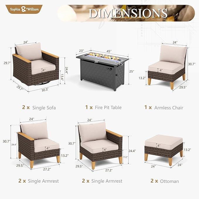 Sophia & William Patio Furniture Set with Fire Pit Table & Swivel Chairs, 10 Piece Outdoor Sectional Furniture Wicker Modular Sofa Couch, Conversation Set for Deck Backyard Lawn, Beige
