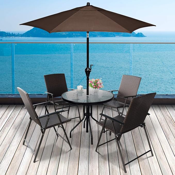 S AFSTAR 5 Pieces Patio Dining Set, 4 Folding Chairs with Table, Portable Wicker Chairs Furniture Set for Outdoor Garden Backyard (4 Chairs w/ 28''H Modern Round Table)