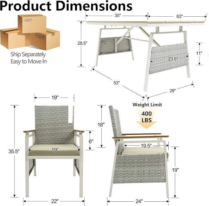 Outdoor Dining Table Set for 6, Rattan Patio Dining Sets with Waterproof Cushions, 7 Piece Patio Table and Chairs Set, Rectangular Dining Table and Patio Chairs for Porch/Deck/Yard, Green