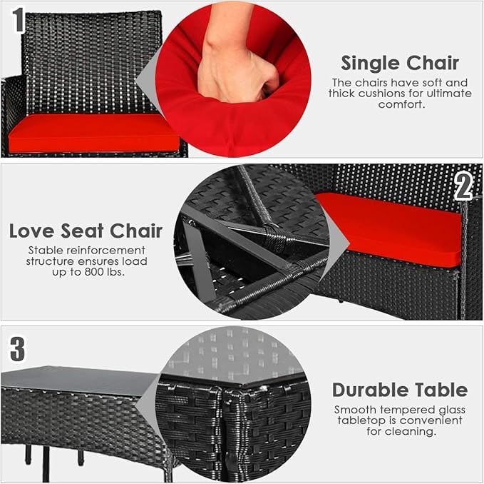 HAPPYGRILL 8 Piece Patio Furniture Set Rattan Wicker Conversation Set with Tempered Glass Top Table, Outdoor Wicker Sofa Set with Removable Cushions for Poolside Garden Backyard