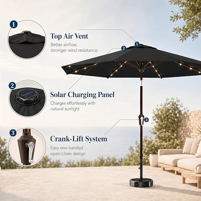 10FT Solar Patio Umbrella with Lights, Outdoor Table Market Umbrella with 32 LED Lights, 8 Sturdy Ribs, Push Button Tilt and Crank for Pool, Deck and Garden, UV-Resistant