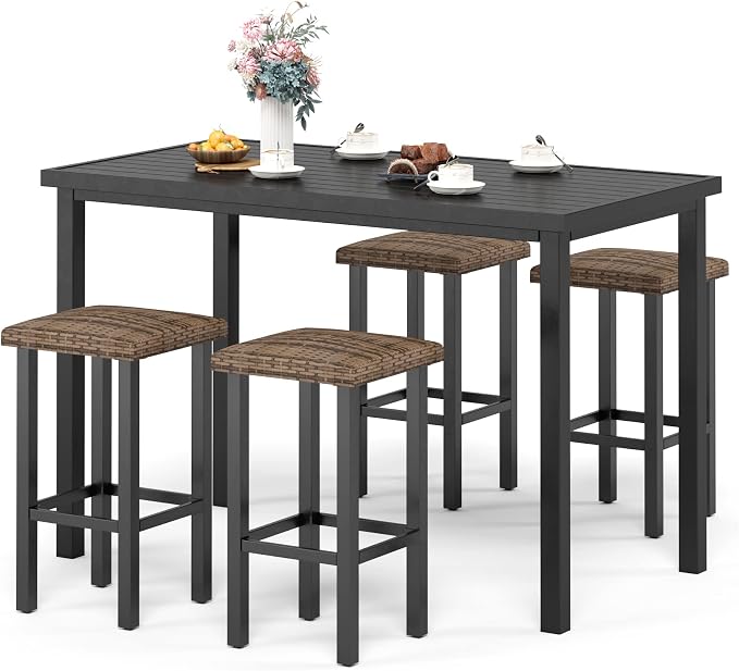 Sophia & William 5 Pieces Outdoor Patio Bar Set for 4, Patio High Dining Table and Chairs Set, Patio Bar Table and 4 Rattan Bar Stools, Outdoor Counter Height Bistro Set Furniture for Porch Lawn Yard