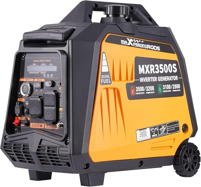 maXpeedingrods 3500W Dual Fuel Inverter Generator,E-Start,CO,EPA Compliant | Gasoline & Propane(LPG) Powered, Remote & Electric Start, Wheel & Handle Kit, Trailers Camping Outdoor Home, MXR3500S, 55lbs