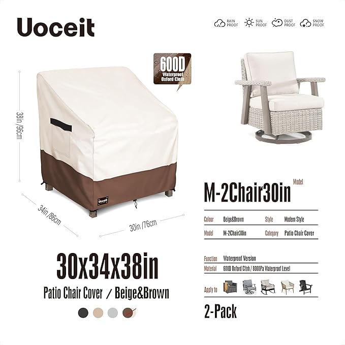 Outdoor Chair Covers 2 Pack,30Wx34Dx38H inches 100% Waterproof Heavy Duty Patio Furniture Cover ,Outdoor Furniture Covers Waterproof for Beige&Brown Modern Style Patio Chair Covers.