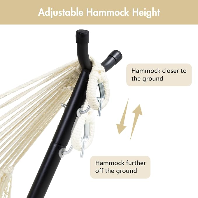 ANOW Outdoor Hammock with Stand Included, Space Saving Heavy-Duty Hammock Stand with Adjustable Height, 475 Lbs Capacity, Cream with Tassels