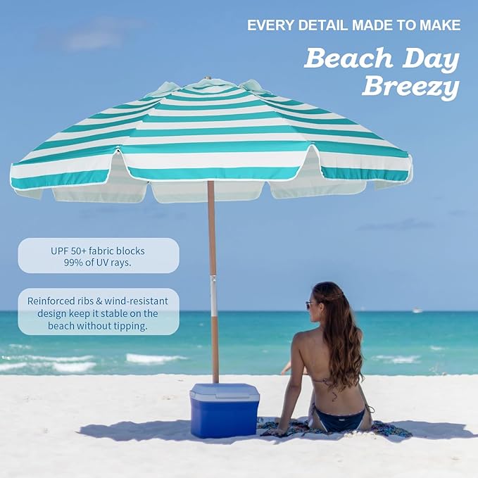 AMMSUN 7.5ft Heavy Duty HIGH Wind Beach Umbrella Commercial Grade Patio Beach Umbrella with Air Vent Ash Wood Pole & Carry Bag Turquoise White