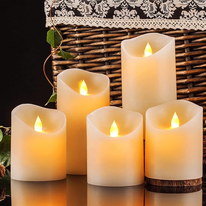 Enpornk Flameless Candles, Flickering Moving Flame LED Candles Set of 5 (Size: D: 3" x H: 4"/4"/4"/6"/6") Pillar Realistic Real Wax Battery Operated Candles with Remote Control 2 4 6 8 Hours Timer