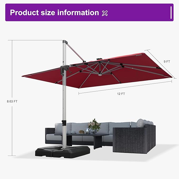 PURPLE LEAF Patio Umbrella with base 9' X 12' Outdoor Rectangle Cantilever Umbrella Solar Powered LED with 360-degree Rotation for Garden Deck Pool Patio, Terra