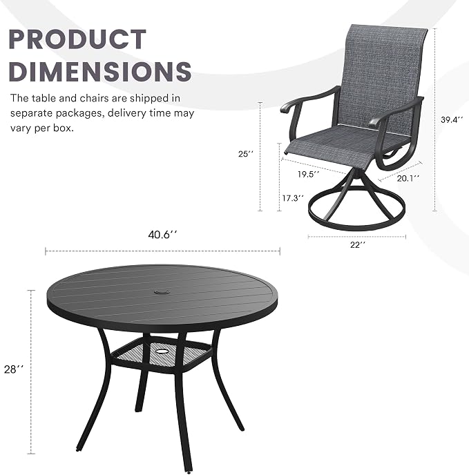 5 Pieces Patio Furniture Dining Set, 4 Textilene Swivel Dining Chairs, 41" Outdoor Round Metal Table with Storage Shelf and 1.57" Umbrella Hole, Outdoor Dining Set for Porch, Lawn, Black/Black