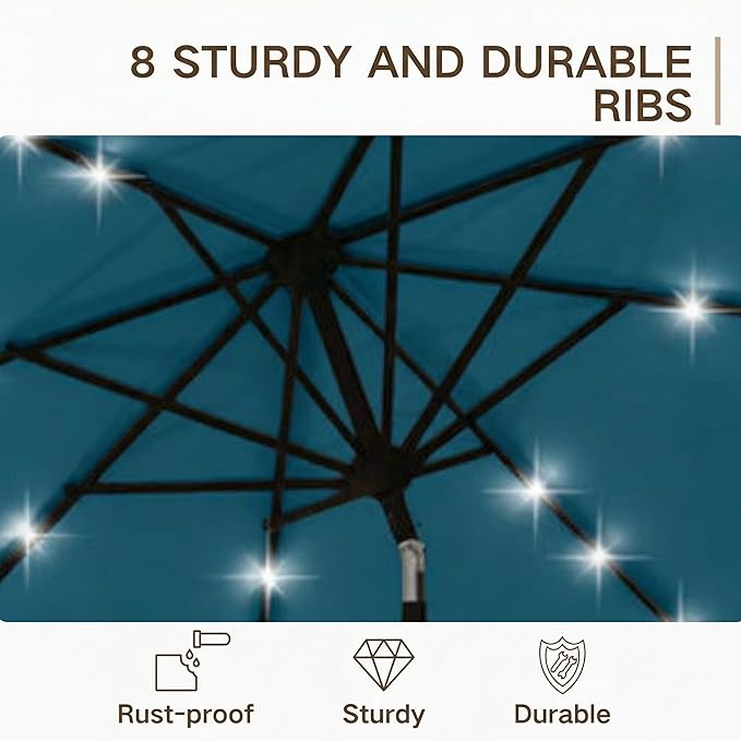 Kingdura 10FT Outdoor Patio Umbrella with Solar Lights, Market Table Umbrella with Push Button Tilt & Crank, 8 Sturdy Ribs, 32 LED Lights, UV Protection for Garden Lawn Deck Backyard Pool (Lake blue)