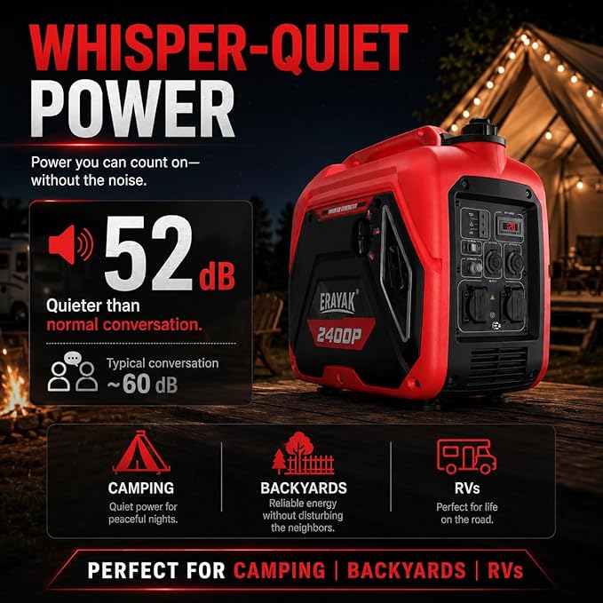 ERAYAK 2400W Portable Inverter Generator for Home Use, Super Quiet Small Generator for Camping Outdoor Emergency Power Backup, Gas Powered Engine, EPA, ECO Mode