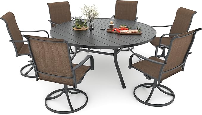 Anmutig 7-Piece Outdoor Dining Set, 58'' Round Table with 6 Swivel Chairs All Weather Furniture Set - Brown Style2