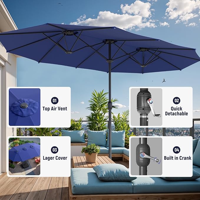 15ft Large Outdoor Patio Umbrella, Double Sided Table Umbrella with Crank, 12 Steel Ribs Market Umbrella