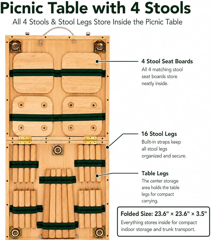 Folding Wooden Picnic Table Set with 4 Stools, All-in-One Storage Box Design Portable Solid Wood Dining Set for Indoor Home, Outdoor Camping, Beach and Patio