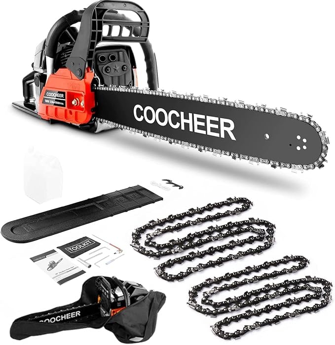 COOCHEER 62CC Gas Chainsaw, 20 Inch Professional Chainsaw with 3.5HP 2-Cycle Engine & Carrying Case, Quick Start System for Tree Cutting, Firewood, Yard Work (Orange Red)