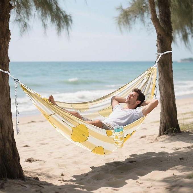 Yellow White Striped Ginkgo Biloba Leaf 330lb Capacity Outdoor Hammock with Hanging Rope Indoor Hammock for Camping & Hiking Essential capas para la Lluvia