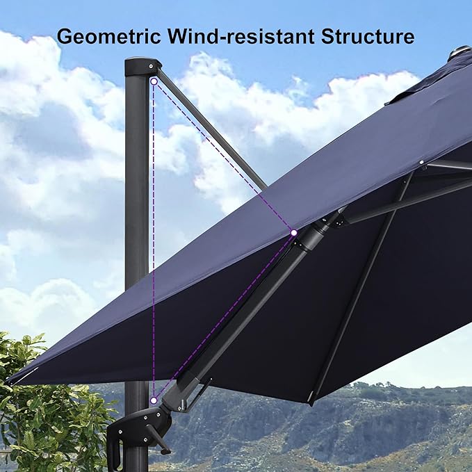 PURPLE LEAF 8.2' X 11.5' Tilting Patio Umbrella with Base Outdoor Cantilever Swivel Rectangle Umbrella Aluminum Offset Umbrella with 360-degree Rotation for Garden Deck Pool Patio Navy