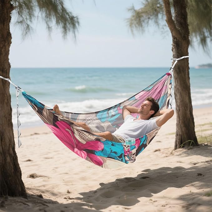 Human Skulls Hot Pink Lily Flowers 330lb Capacity Outdoor Hammock with Hanging Rope Tree Hammock for Outside Patio Garden hamaca con soporte para adultos