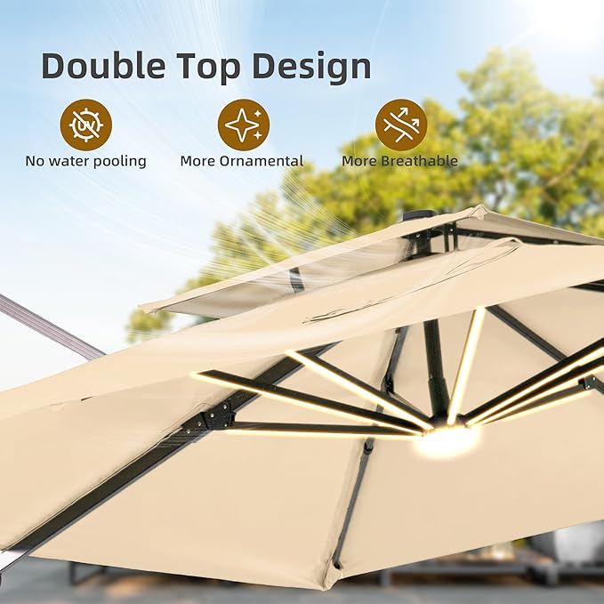 9x12 FT Patio Umbrella with LED Lights Cantilever Outdoor Large Heavy Duty Rectangle Aluminum Offset Umbrellas Double Top 360 Rotation 7 Tilt Adjustment for Pool Deck Garden, Beige