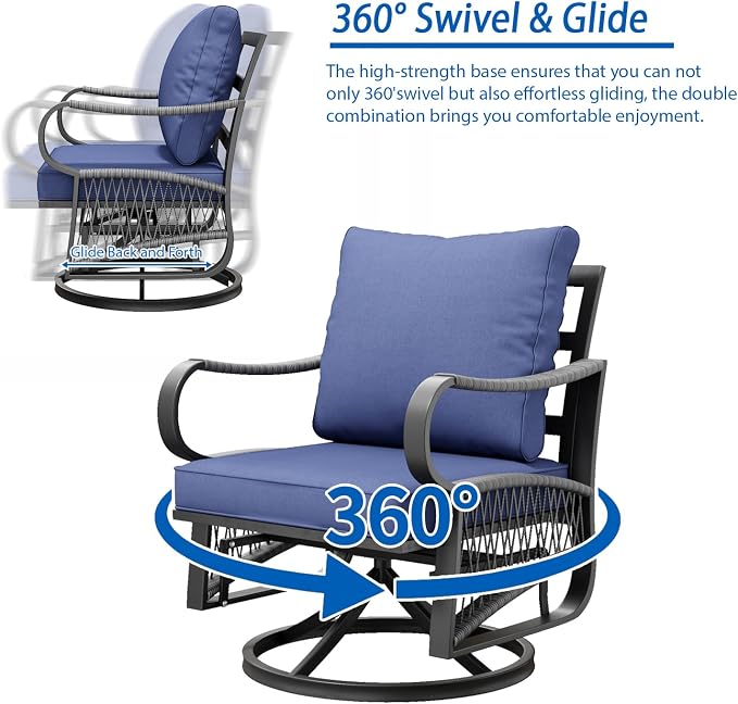 5 Piece Patio Furniture Set, Outdoor All Weather Conversation Sofa Set with 2 Swivel Chairs, Rope Braided Design and Thick Cushions for Garden, Porch, Lawn, Blue