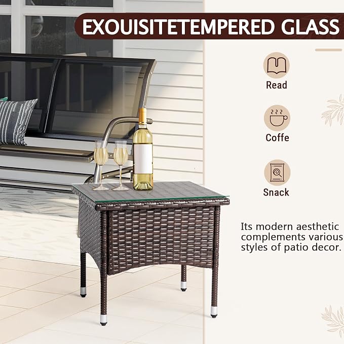Outdoor Wicker Side Table with Tempered Glass Tabletop, All-Weather Rattan Patio Table, for Outside Patio, Porch, Garden, Brown