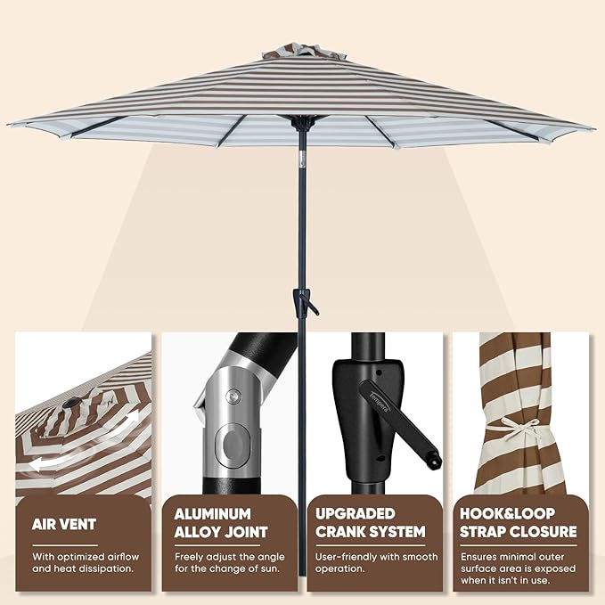 Tempera Patio Market Outdoor Table Umbrella with Push Button Tilt and Crank, Large Sun Umbrella with Sturdy Pole & Fade Resistant Canopy, Easy to Set