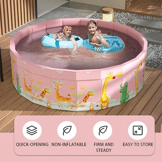 Folding Non Inflatable Swimming Pool, Home Swimming Pool, Mesh PVC Material, Suitable for Backyard Swimming Pool (Pink, 63inch)