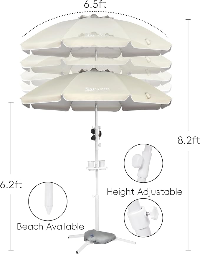 Seazul 6.5ft Sun Shade Umbrella, Portable Umbrella with Stand for Sports, Water Weight Bag, Adjustable and Lightweight, Sun Protection, Khaki