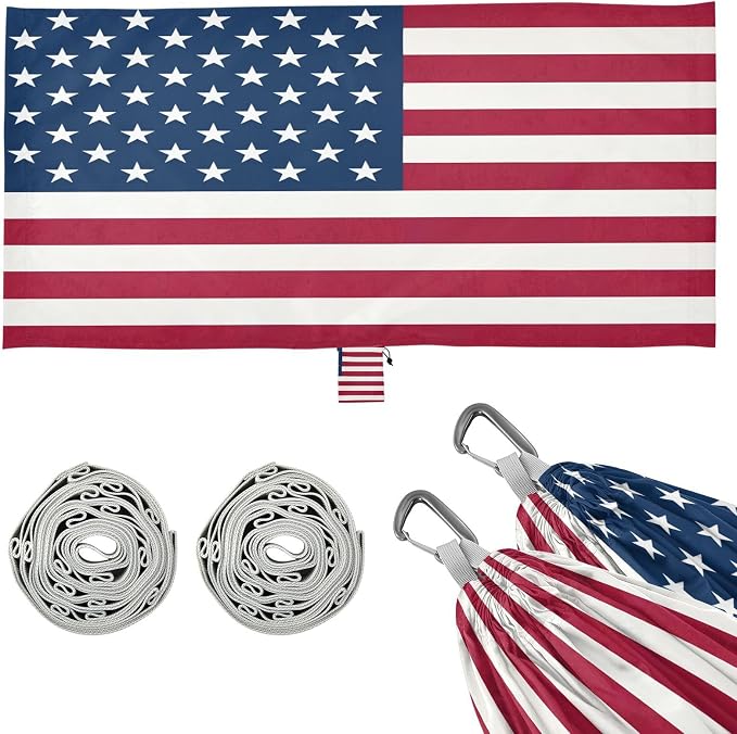 American Flag Camping Hammock, Portable Lightweight Single Hammock with Tree Straps and Aluminum Carabiners, 114" x 54" Travel Hammock for Hiking Backpacking Beach