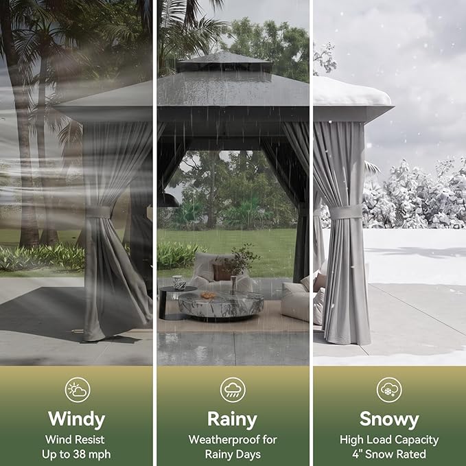 8'x8' Gazebo, Outdoor Gazebo Metal Frame Canopy with Double Roofs, Heavy Duty Patio Tent Shelter with Mosquito Netting and Privacy Screen for Backyard, Grey