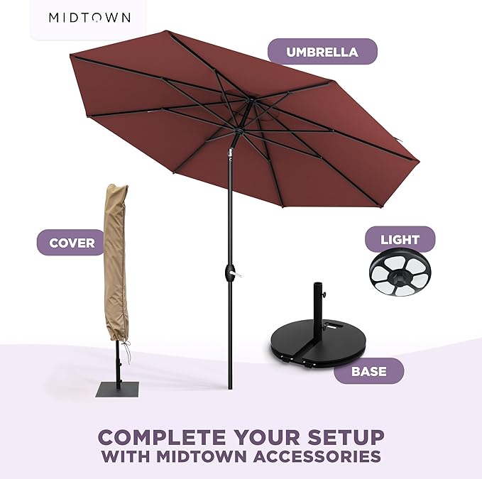 Midtown Umbrellas - 10-Year-No-Fade 9 Ft Patio Umbrella with Terylast Fabric, Auto-Tilt Aluminum Frame and 8 Reinforced Ribs for Deck, Pool, Garden & Beach - Cherry Burgundy Canopy, Black Pole