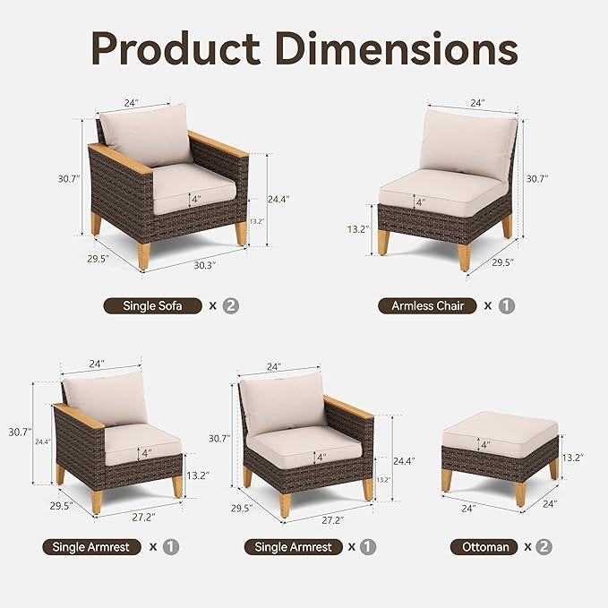 GREEN PARTY 7 Pieces Wicker Patio Furniture Set, All-Weather Outdoor Rattan Patio Sectional Sofa Conversation Set 7 Seats with 4" Thick Cushions for Garden, Backyard, 2 x Ottomans