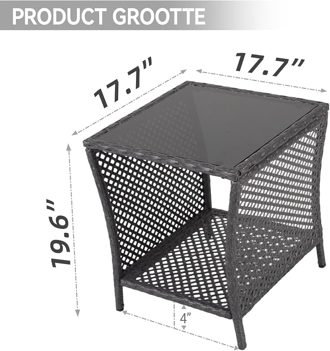Kinfant Outdoor Wicker Side Table with Tempered Glass Top, 17.7" Square Patio End Table with Storage Shelf, Weather-Resistant Rattan Table for Balcony, Porch, Deck, Garden, Easy Assembly
