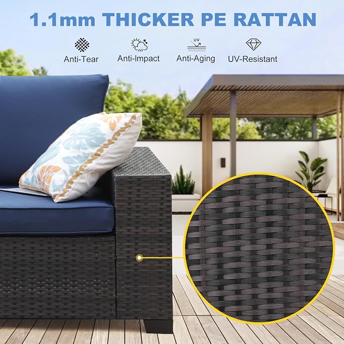 5 Pieces Patio Furniture Set, Wicker Outdoor Conversation Sets with Tea Table, Rattan Patio Sofa with Thick Cushions for Garden, Backyard Porch, Poolside, Patry, Navy