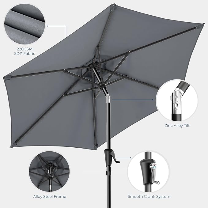 HOMSHADE 9ft Outdoor Patio Umbrella - UPF50+ UV Protection Market Patio Table Umbrella with Push Button Tilt, Crank and 8 Sturdy Ribs for Pool Deck and Garden (Grey, No base)