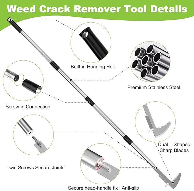 Crack Weeder, Stainless Steel Crevice Weeding Tool with 22'' to 64'' Adjustable Long Handle, L-Shaped Manual Weed Puller Spatula, Weed Remover Gardening Tool for Sidewalks Driveways Patio Pavers Rocks