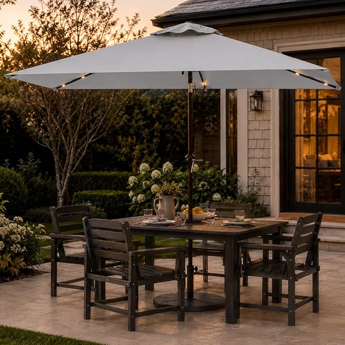 6.5 x 10ft Rectangular Patio Umbrella with Solar Lights, 16 LED Lighted Market Umbrella with Push-Button Tilt and Crank, 6 Sturdy Iron Ribs for Garden, Deck, Pool, Light Gray