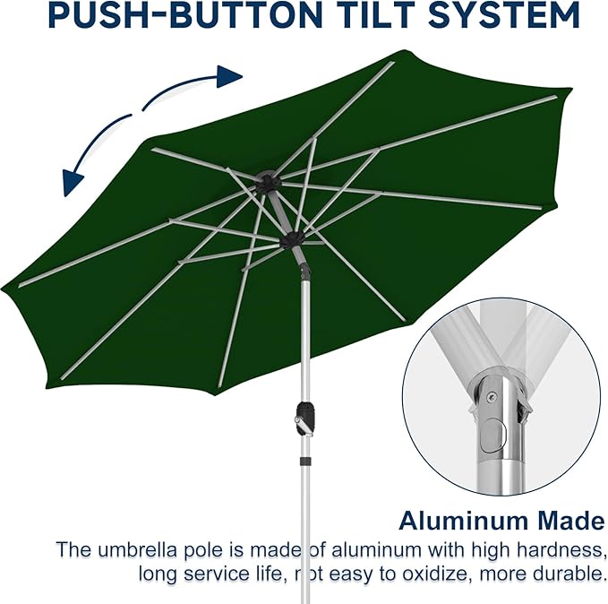 10FT Aluminum Outdoor Patio Umbrella, Fade-Resistant Market Umbrella with Push Button Tilt Function, 8 Sturdy All-Aluminum Ribs for Gardens, Patios, Backyards & Pools