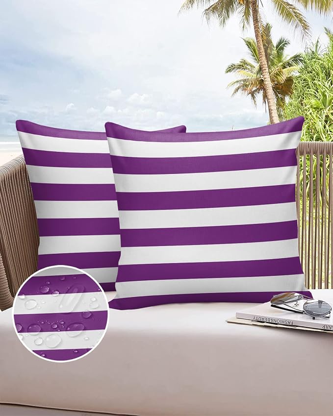 Outdoor Waterproof Pillow Covers for Patio Furniture Solid Striped Decorative Throw Pillow Cover Purple Pillowcases Set of 2 Cushion Case for Sofa Couch Chair Home Decor 20 x 20 Inches