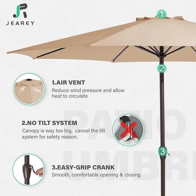 JEAREY 12' Patio Umbrellas Outdoor Table Market Umbrella w/Crank, 8 Sturdy Ribs, UV Protection Windproof for Garden, Deck, Backyard, Pool(Beige)