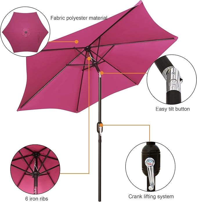 Blissun 7.5 ft Patio Umbrella, Yard Umbrella, Outdoor Market Umbrella with Push Button Tilt Crank, Fuchsia