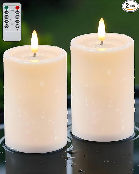 Gmnee 3"x6" Outdoor Waterproof Flameless Candles with Remote and Timers, LED Candles, Battery Operated Candles, Electric Fake Pillar Candles for Patio Porch, and Lanterns Decor (Ivory, Plastic)