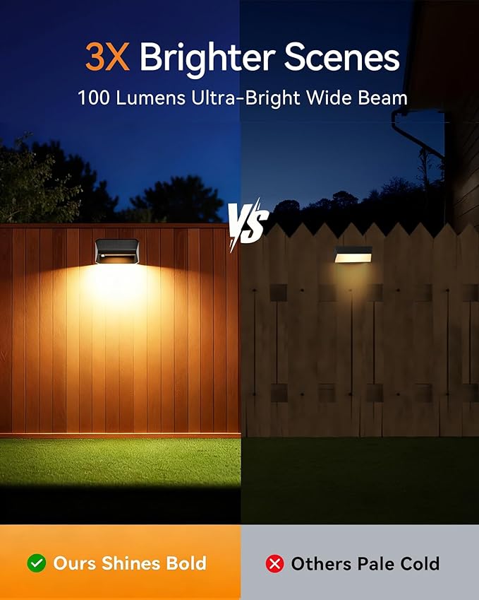 Solar Fence Lights Outdoor, 6 Pack Ultra-Bright 100 Lumens Fence Lights Solar Powered, IP65 Waterproof, 9 Color Modes, 12+ Hours Lighting Decor for Backyard/Patio/Deck/Wall/Pool