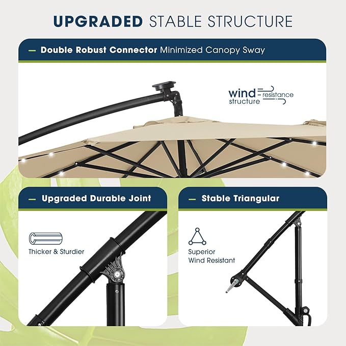 wikiwiki 10ft Solar LED Offset Patio Umbrella, Outdoor Cantilever Patio Umbrellas with Solor Lights for Backyard, Poolside and Garden, Easy Tilt Adjustment, 32 LED Lights & Polyester Shade, Beige