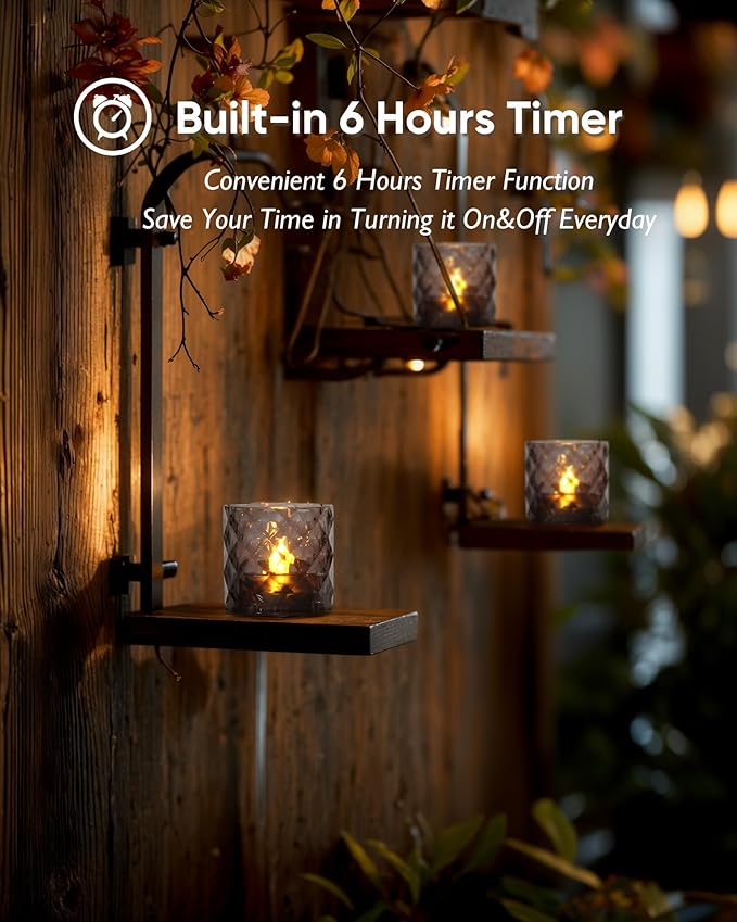 Homemory 2" x 2" Acrylic Votive Candle Holders with Auto Timer Flameless Led Tealight, Battery Powered Fake Electric Candles for Wedding Centerpiece, Table, Christmas Decor (6Pack, Gray Base)