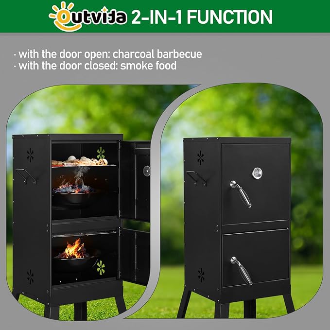 Vertical Charcoal Smoker with Double Doors & 2 Detachable Grill Racks – Outdoor BBQ Smoker Oven with Adjustable Air Vents, Thermometer & Water Pan – Heavy-Duty Camping/Backyard Grill (40.5x39x