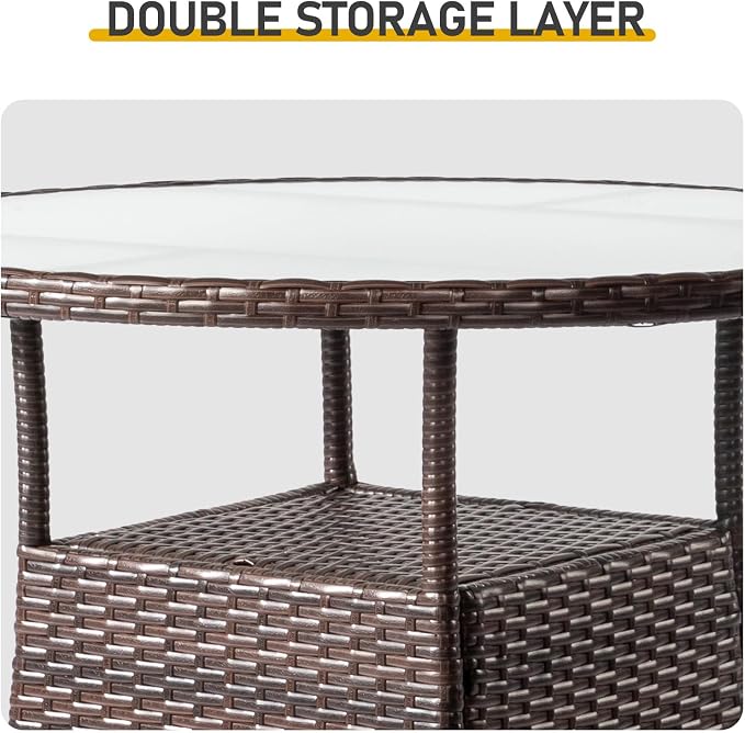 Patio Table for 4-Person with Glass Top, 31.5" Round Outdoor Wicker Dining Table, Double Layer Rattan Bistro Table for Backyard Deck Poolside, Outdoor Furniture Small Space, Brown