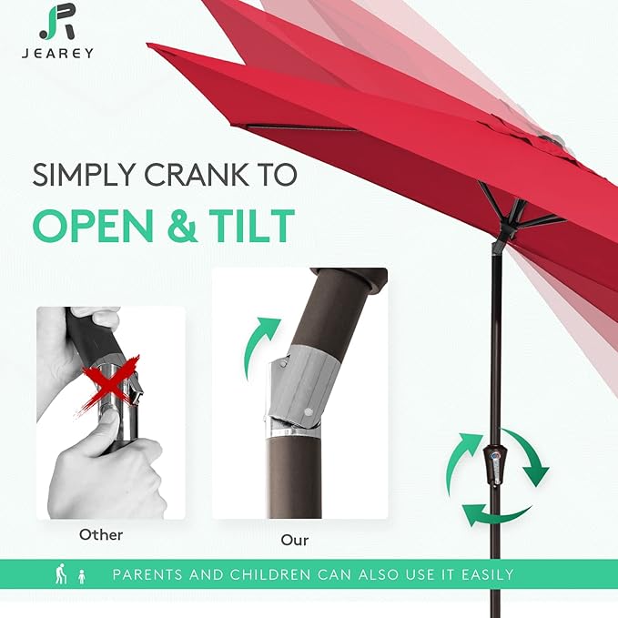 JEAREY 6.5x10ft Olefin Rectangular Patio Umbrella, Rectangle Outdoor Umbrellas with Auto Tilt Crank System, Market Table Umbrella UV Protection Fade-Resistant for Pool Deck Garden Yard, Red